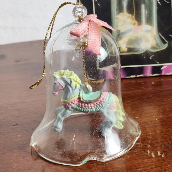 Carrousel Bell Ornaments Sparkling Crystal Bell w/Hand Painted Porcelain Horse - Picture 1 of 16